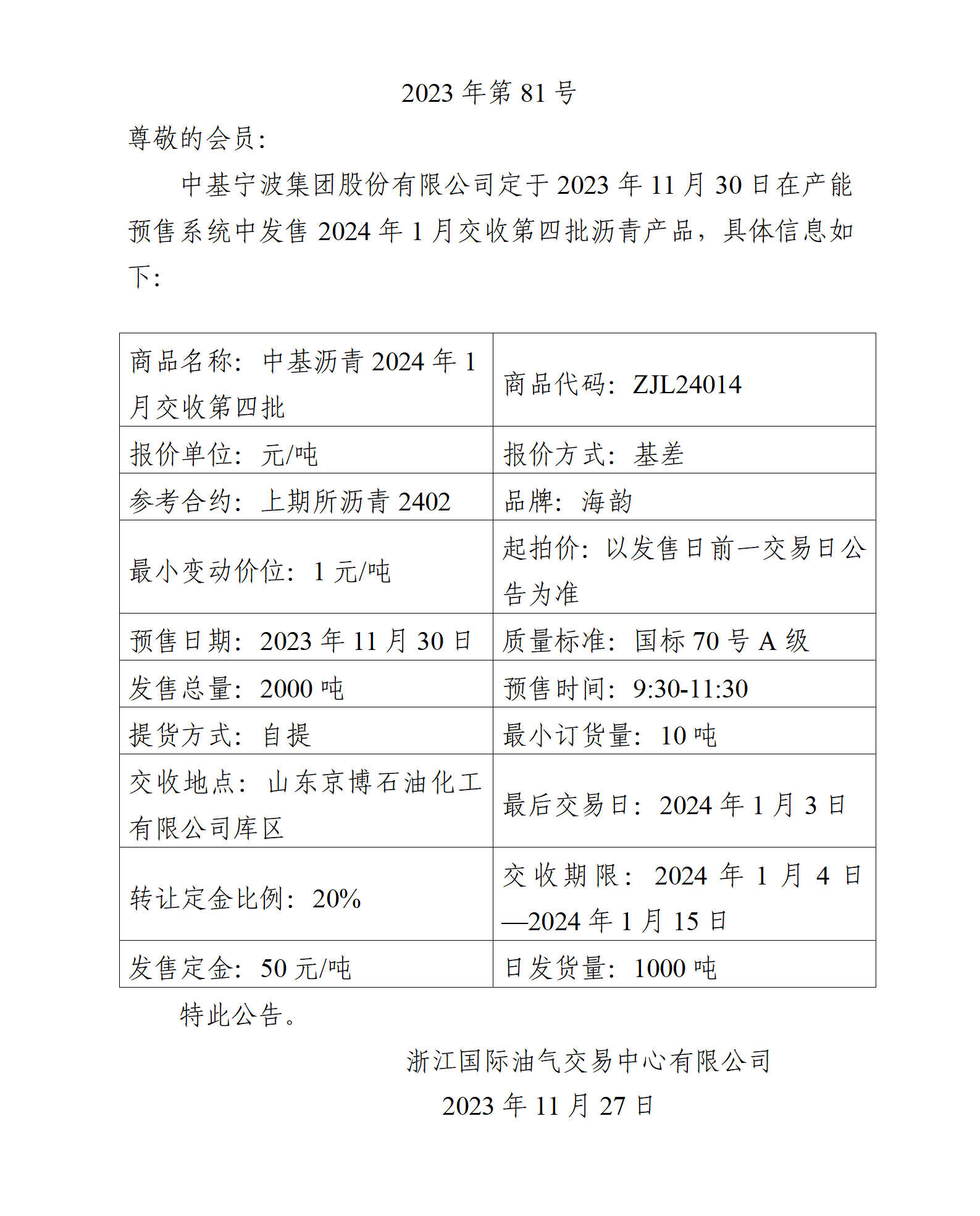 关于中基宁波集团股份有限公司预售2024年1月交收第四批沥青产品的公告_01.png