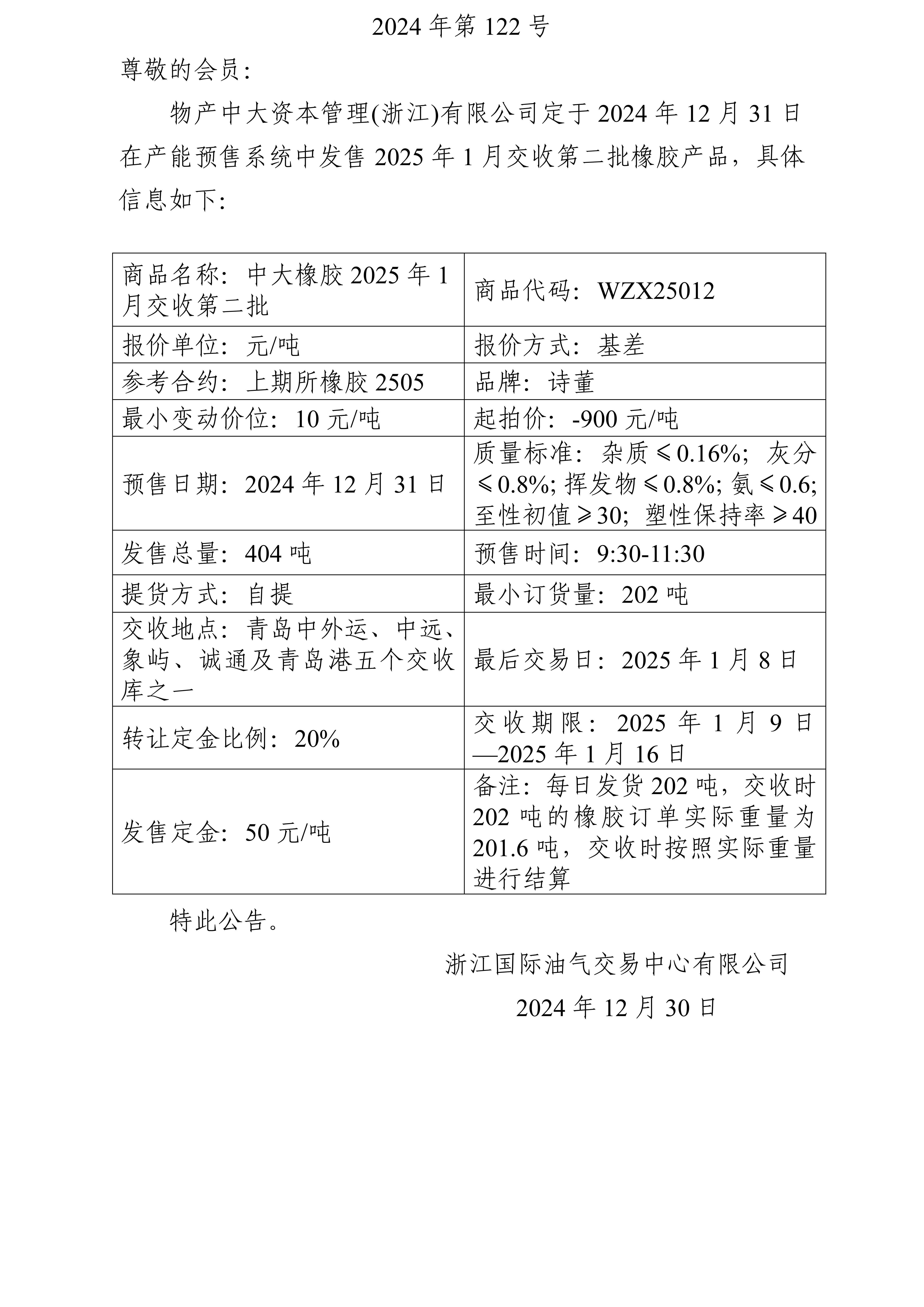 关于物产中大资本管理(浙江)有限公司预售2025年1月交收第二批橡胶产品的公告_01.jpg